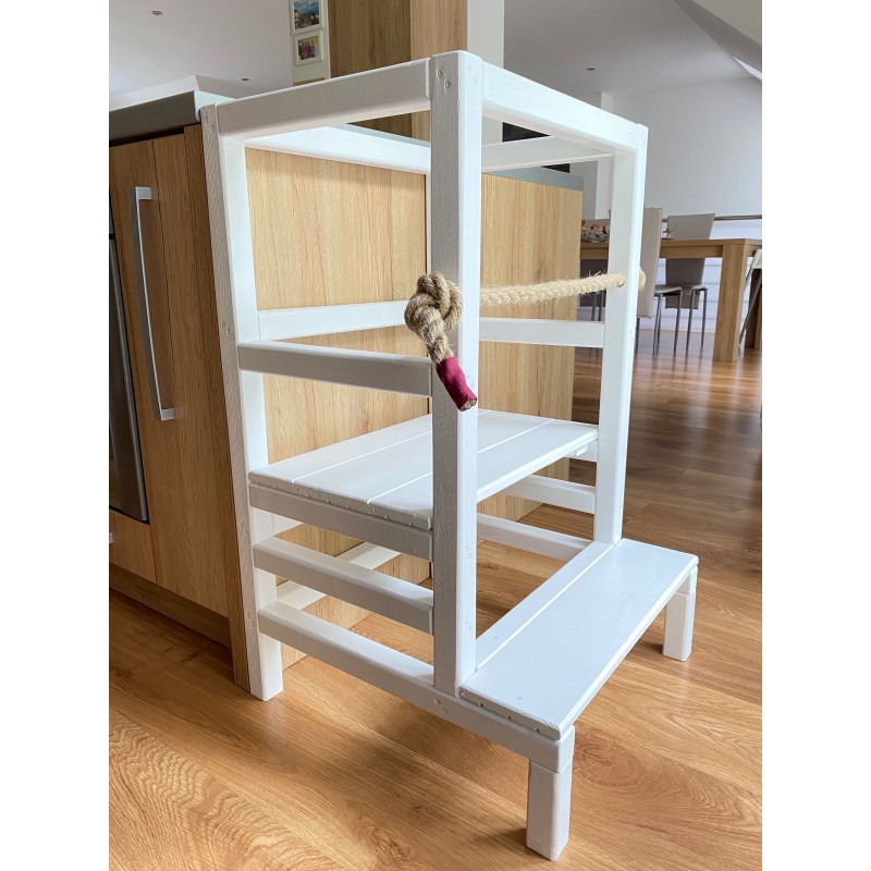 Montessori učiaca veža s lanom biela – kuchynský pomocník pre deti 👶🌿