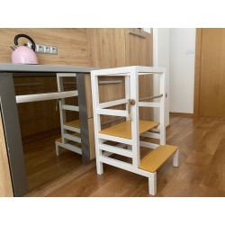 Montessori učiaca veža s lanom biela + oker – kuchynský pomocník pre deti 👶🌿