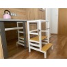Montessori učiaca veža s lanom biela + oker – kuchynský pomocník pre deti 👶🌿