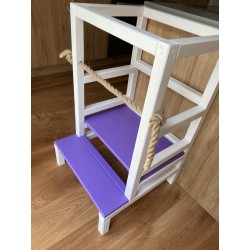 Montessori učiaca veža s lanom biela + fialová – kuchynský pomocník pre deti 👶🌿